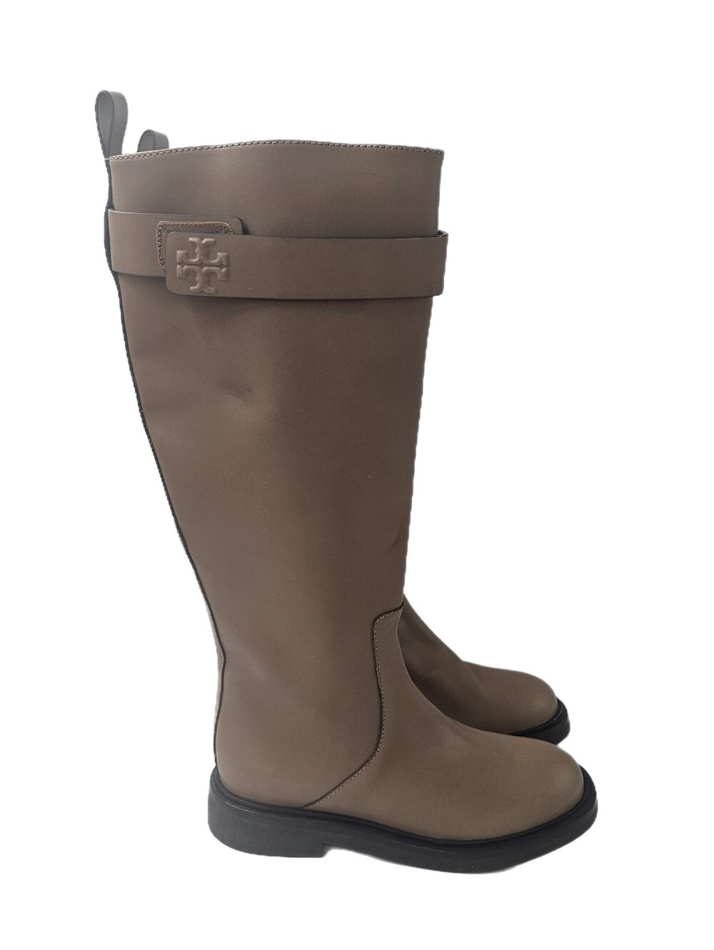 Tory Burch Double T Utility Boots Almond Flour Leather Tall Knee High Size 5M